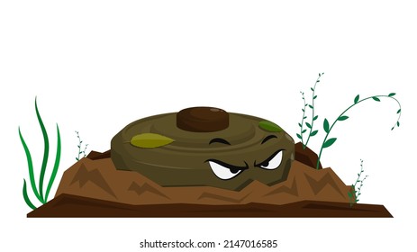 Cartoon Evil Weapon Combat Anti Tank Mine Hide In Crack Of Land. Cartoon Vector Isolated On White Background