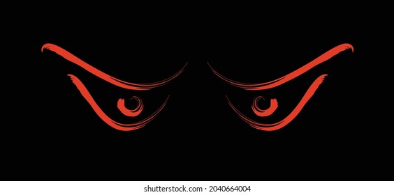Cartoon evil wild eyes. Red scary cats, owl eyes for Halloween party. Eye of cat are in darkness. Flat vector pictogram. Brush, line pattern