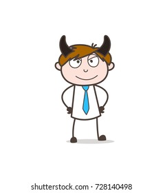 Cartoon Evil Young Boy Smiling Face with Horns