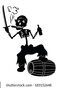 Cartoon evil zombie pirate Jolly Roger skeleton with a sword, a bottle of wine and a barrel smoking a cigar, black silhouettes on white background. Vector