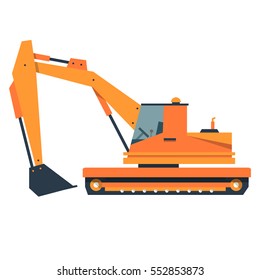 Cartoon excavator with a bucket. Construction machine in flat style. Vector illustration isolated on white background.