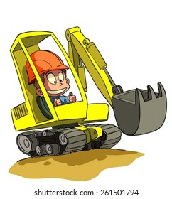 Cartoon Excavator at construction work with cartoons driver. Vector illustration.