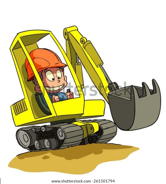 Cartoon Excavator at construction work with\
cartoons driver. Vector\
illustration.