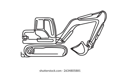 Cartoon excavator digger crawler wheels vehicle equipment machine construction site. Only black and white for coloring page, children book.