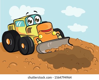 Cartoon excavator digging a pit in the ground with it`s bucket on construction area. Vector illustration.