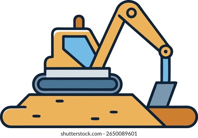 "Cartoon Excavator Illustration: Construction Bulldozer Vehicle on Site with Shovel Arm Digging Soil - Heavy Equipment Icon for Building, Industry, and Engineering Design"