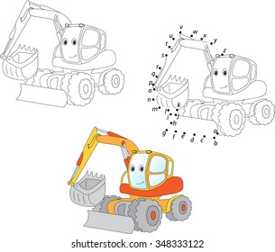 Cartoon excavator. Vector illustration. Coloring and dot to dot educational game for kids