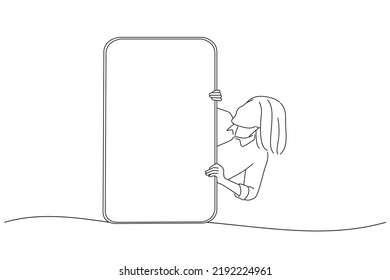 Cartoon Of Excited Asian Woman Peeking Out Big Giant Vertical Cell Phone With White Blank Screen And Looking At Device Display. Oneline Art Drawing Style
