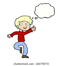 cartoon excited boy dancing with thought bubble