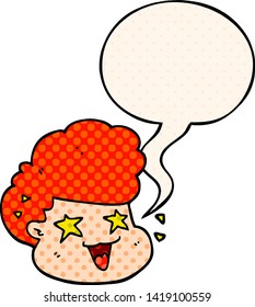 cartoon excited boy with speech bubble in comic book style