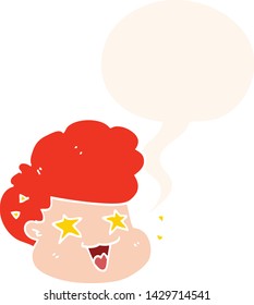 cartoon excited boy with speech bubble in retro style