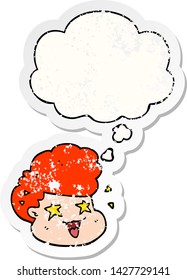 caricaturista excitado con burbuja de pensamiento como pegatina gastada angustiada
