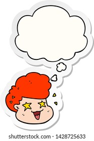 caricaturista excitado con burbuja de pensamiento como pegatina impresa