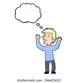 cartoon excited boy with thought bubble