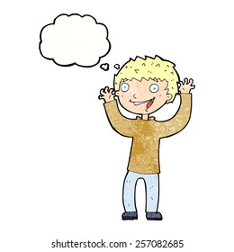 cartoon excited boy with thought bubble