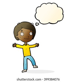 cartoon excited boy with thought bubble
