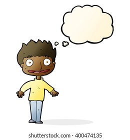 cartoon excited boy with thought bubble