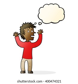 cartoon excited boy with thought bubble