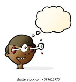 cartoon excited boy's face with thought bubble