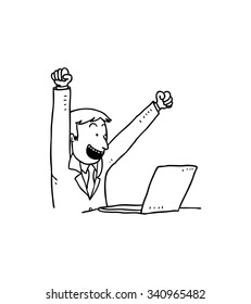 cartoon excited businessman with laptop 