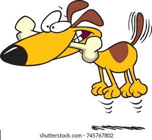 Cartoon Excited Dog Jumping With A Bone In His Mouth