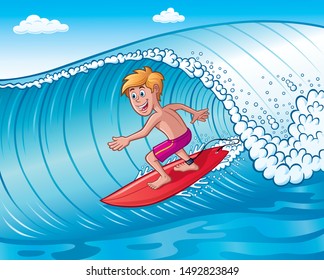 Cartoon of an excited looking teenage boy riding a red surfboard on a wave on a beautiful day.