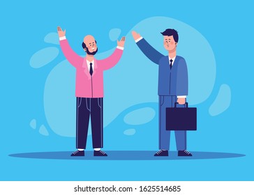 cartoon excited man and businessman holding a portfolio over blue background, colorful design, vector illustration