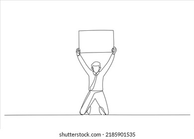 Cartoon of excited man holding up white blank panel with space for text. Continuous line art
