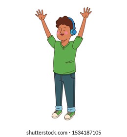 cartoon excited teenager boy with headphones and arms up over white background, colorful design. vector illustration