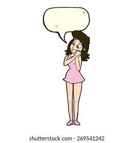cartoon excited woman with speech bubble