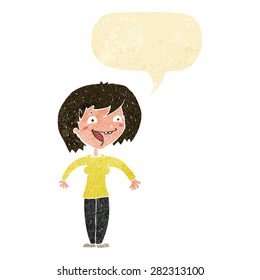 cartoon excited woman with speech bubble