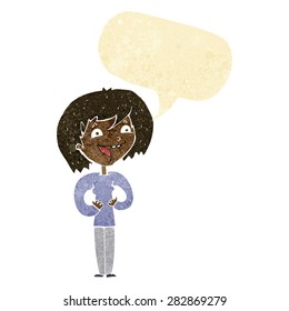 cartoon excited woman with speech bubble
