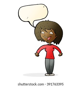 cartoon excited woman with speech bubble