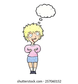 cartoon excited woman with thought bubble