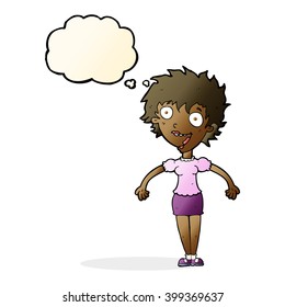 cartoon excited woman with thought bubble