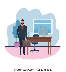 cartoon executive man at the office with desk and computer over white background, vector illustration