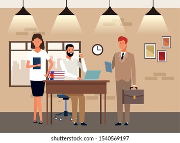 cartoon executive man working at desk and business man and woman inside the office, colorful design. vector illustration