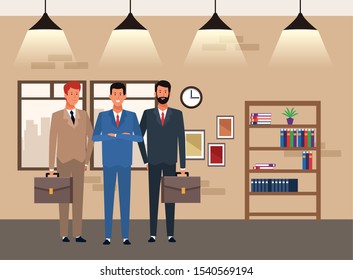 Cartoon executive men standing inside office, colorful design. vector illustration