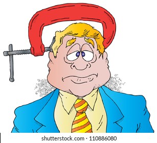 Cartoon of an Executive Under Pressure With a Large Vise on His Head.