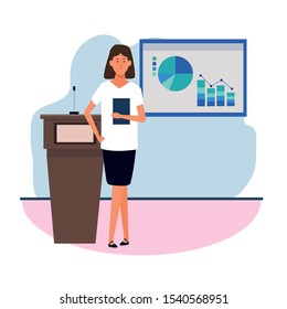 cartoon executive woman standing next to a conference podium and graphic charts, colorful design. vector illustration
