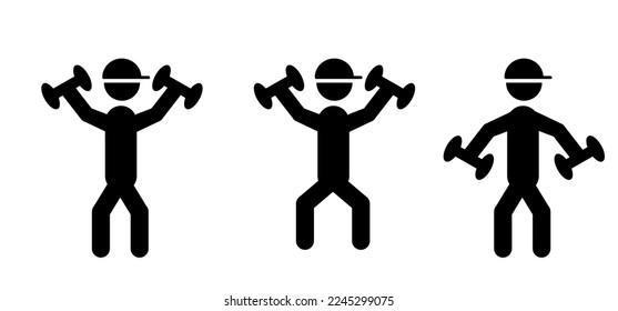 Cartoon exercise dumbbells. Stickman, stick figure man with dumbbells. Dumbbell for a sports hall. Training set. Fitness and yoga exercises. body workout. Dumbbell weight icon. Gym, powerlifting.