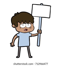 cartoon exhausted boy with placard