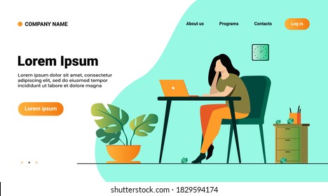 Cartoon exhausted woman sitting and table and working isolated flat vector illustration. Tired businesswoman with professional burnout syndrome. Tiredness and trouble concept