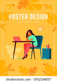 Cartoon exhausted woman sitting and table and working isolated flat vector illustration. Tired businesswoman with professional burnout syndrome. Tiredness and trouble concept