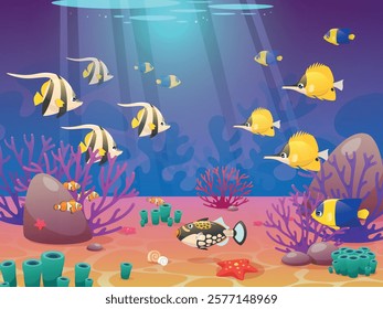 Cartoon exotic fish on seabed. Tropical ocean fauna, bright underwater wildlife, marine colorful inhabitants, algae, corals, undersea goldfish and starfish, background design, vector concept