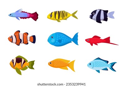 Cartoon exotic fish set. Tropical saltwater fish, clownfish, swordfish and emperor angelfish flat vector illustration collection