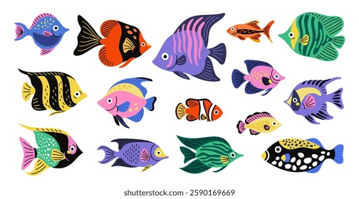 Cartoon exotic fish. Tropical ocean wildlife. Underwater color creatures. Little aquarium inhabitants. Bright goldfish. Marine animals swimming. Caribbean undersea pet