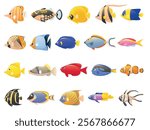 Cartoon exotic fish. Tropical underwater wildlife, bright fish, different colors, marine life, aquarium patterned animals, Caribbean sea fauna, coral reef wildlife goldfish, vector isolated set