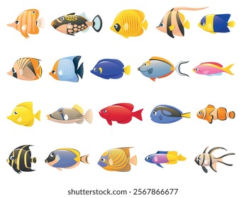 Cartoon exotic fish. Tropical underwater wildlife, bright fish, different colors, marine life, aquarium patterned animals, Caribbean sea fauna, coral reef wildlife goldfish, vector isolated set