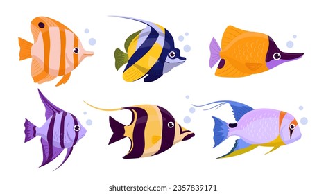 Caricatura de peces exóticos. Pescado tropical subacuático o acuario. Ilustración vectorial plana de la fauna silvestre de agua salada. Colección de especies de peces exóticos